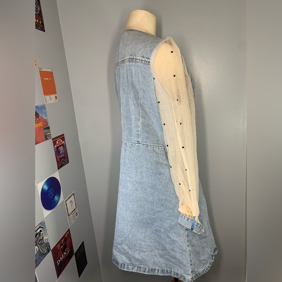Denim Dress with Mesh See through Sleeves V neck Denim Dress - Picture 14 of 14